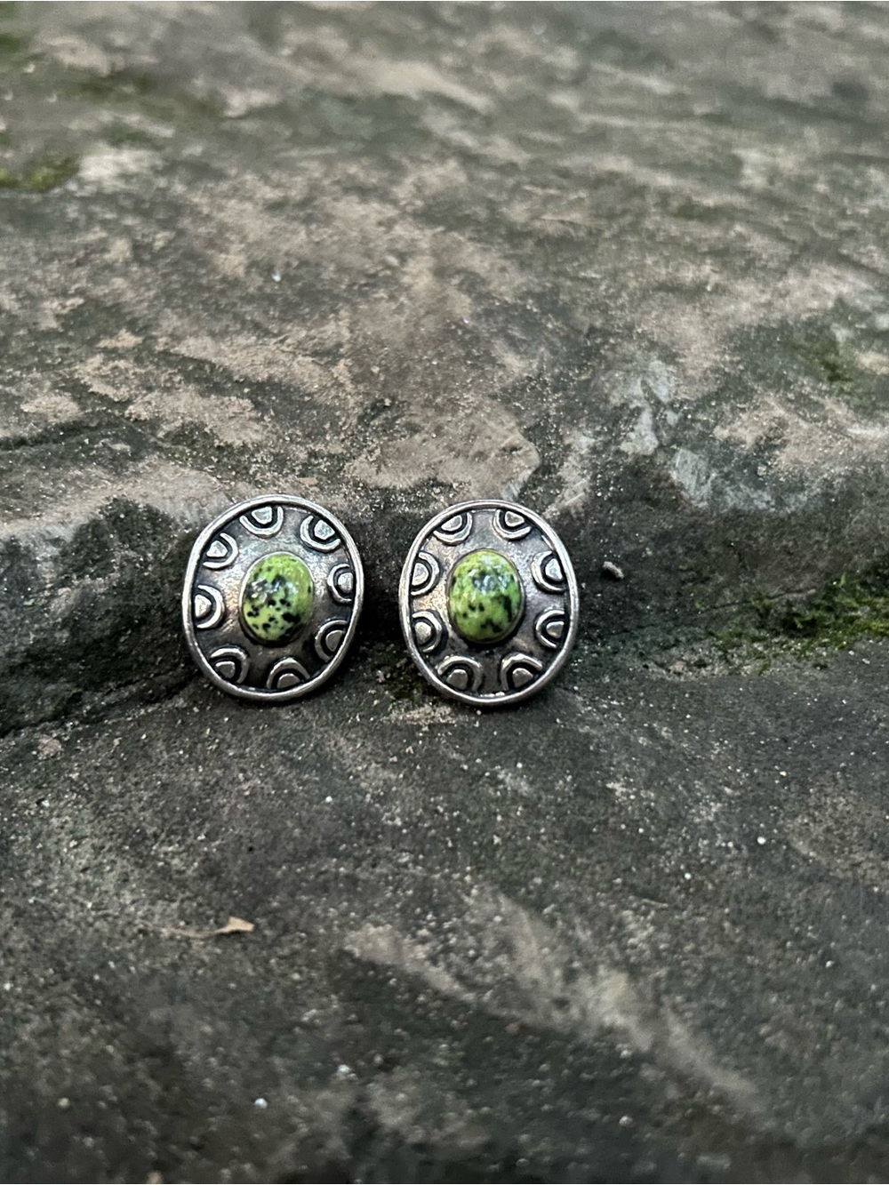Vintage Dian Malouf (DLM) Sterling Silver Clip Earrings — Green Stone